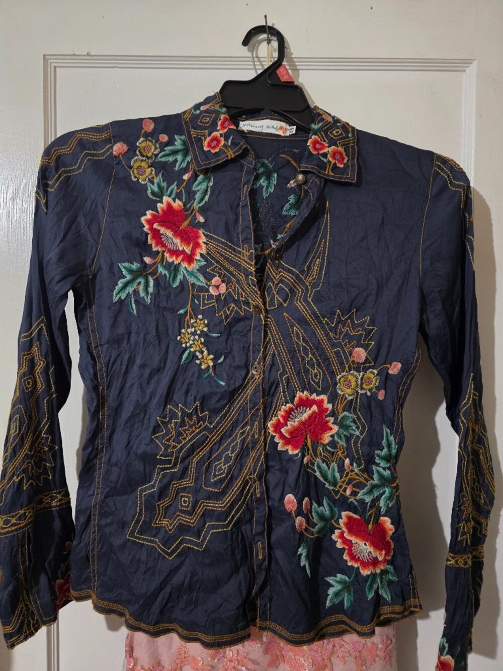 Johnny Was Embroidered Floral Blue 100% Silk Top